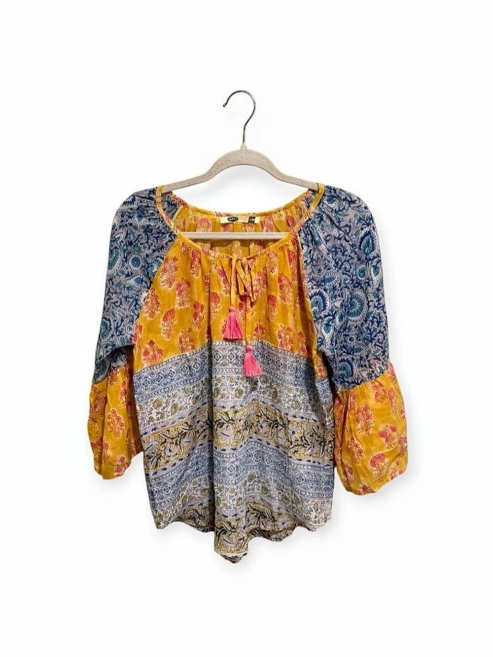 Dolma Block Print Patchwork Cotton Peasant Top Tassel Tie Boho S/M